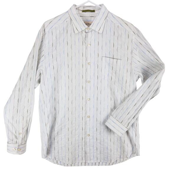 Tommy Bahama Silk Blend Buton Down Men's Medium White with Geometric Blue Green - Picture 1 of 12